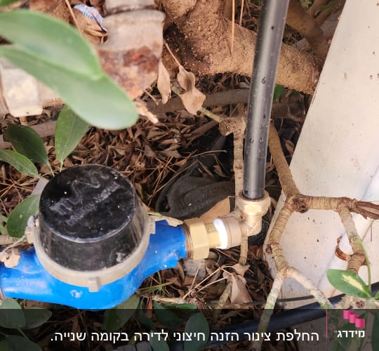 צינור מים ומד מים בין עלים וענפים